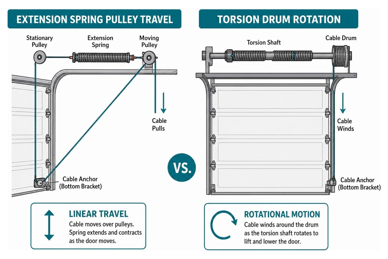 Diagram comparing extension spring pulley travel with torsion drum rotation Diagram comparing extension spring pulley travel with torsion drum rotation