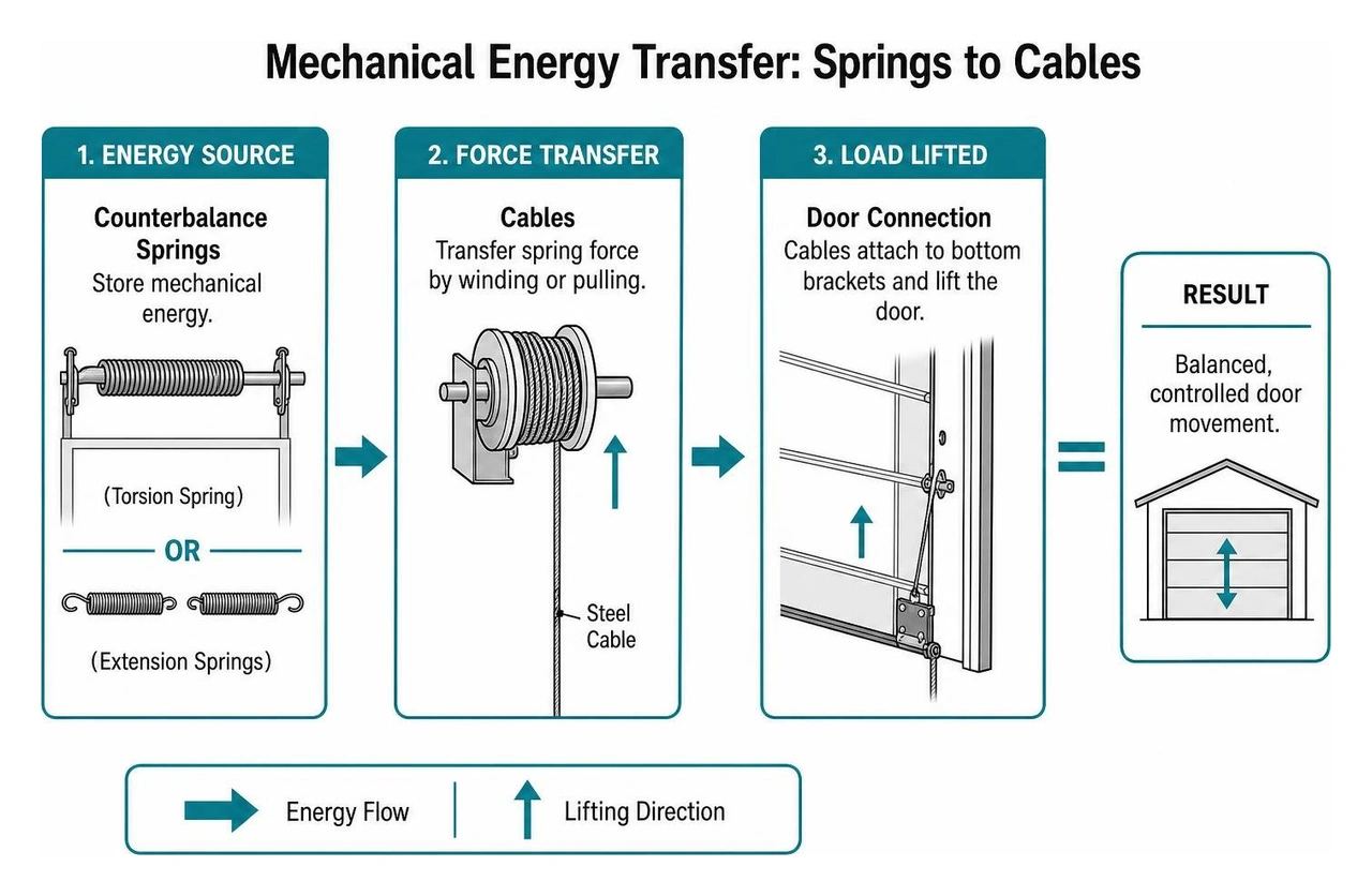 Diagram showing mechanical energy transfer from springs to cables Diagram showing mechanical energy transfer from springs to cables