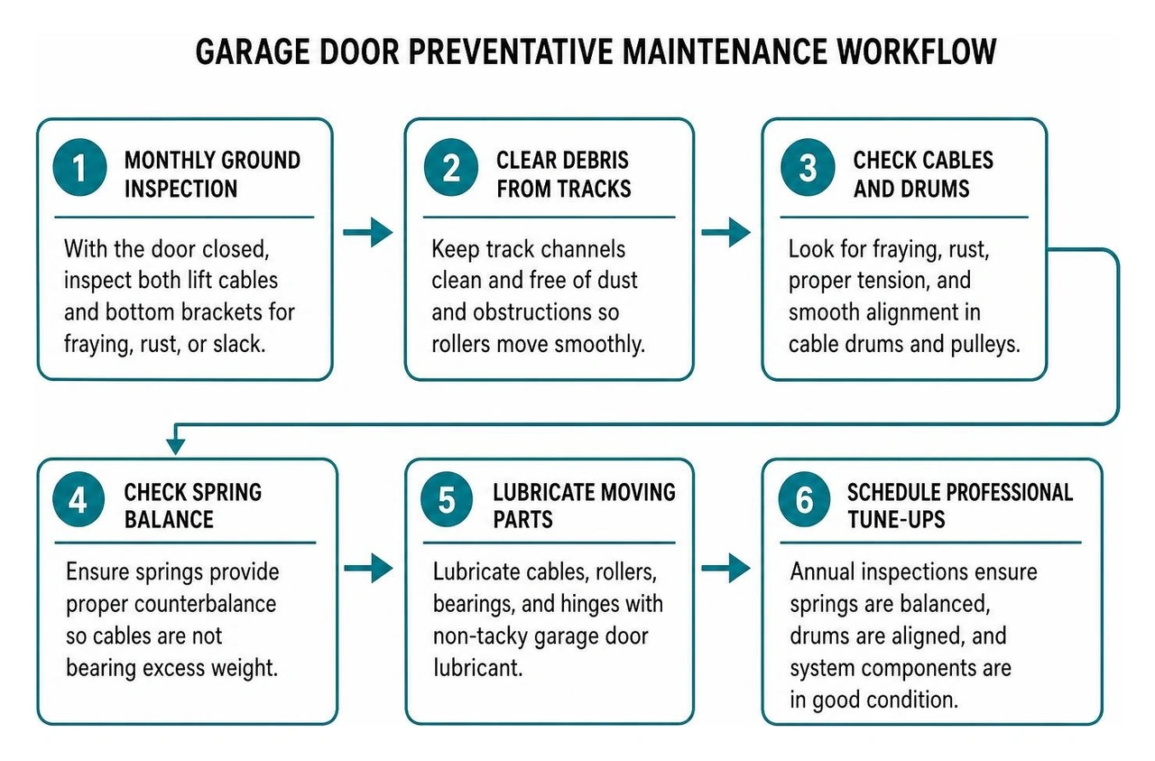 Diagram showing garage door preventative maintenance workflow Diagram showing garage door preventative maintenance workflow