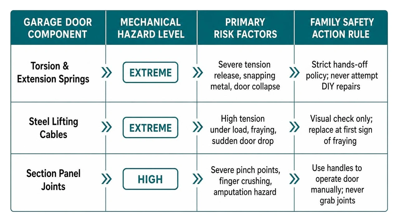 comparison table showing hazard levels, risk factors, and recommended safety rules for garage door parts comparison table showing hazard levels, risk factors, and recommended safety rules for garage door parts
