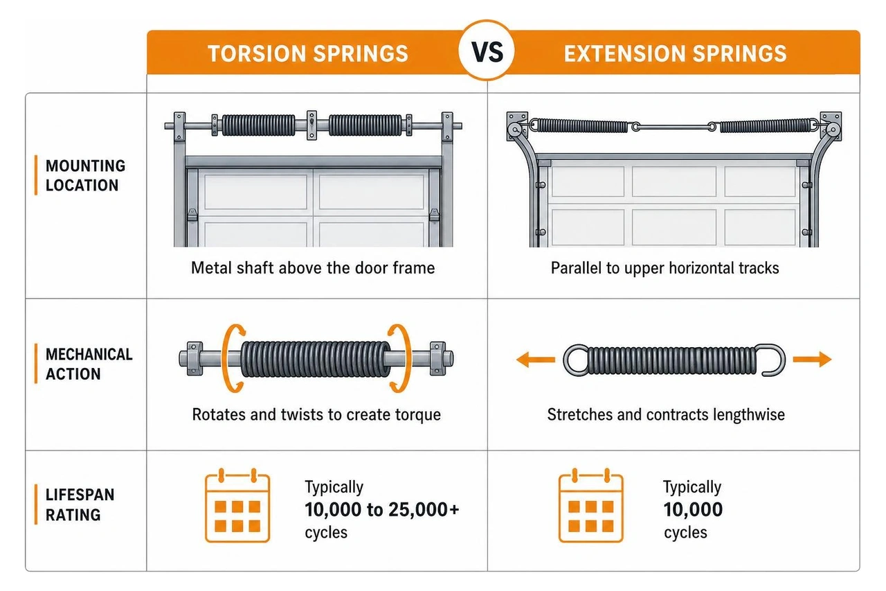 comparison chart detailing torsion springs vs extension springs mechanics