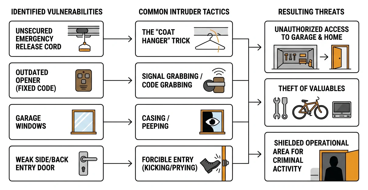 diagram illustrating primary garage entry vulnerabilities and intruder tactics diagram illustrating primary garage entry vulnerabilities and intruder tactics