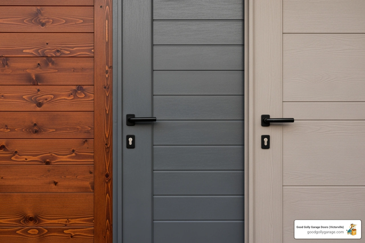 various garage door materials like wood, steel, and composite side-by-side - garage door installation in running springs ca