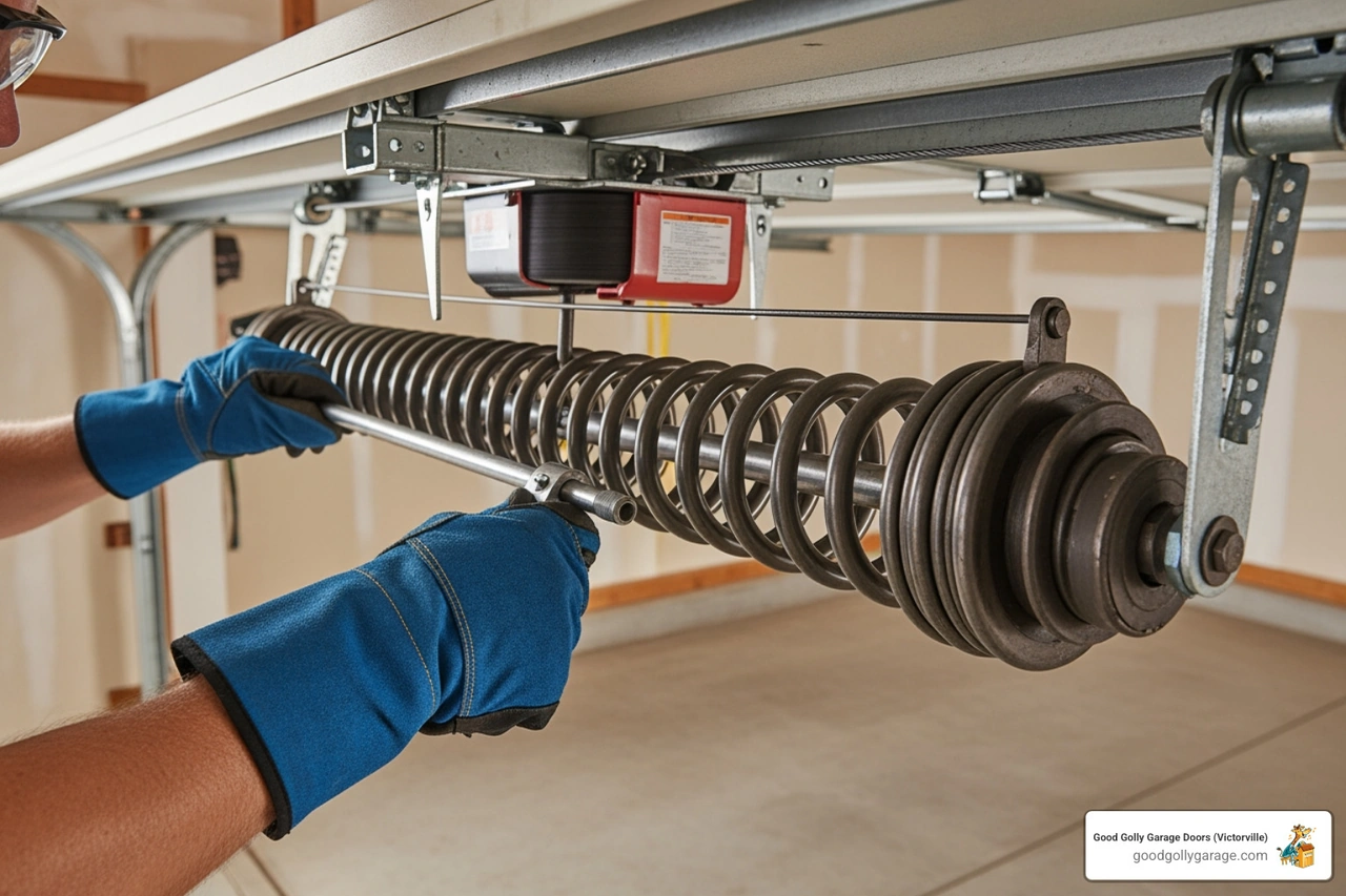 technician safely installing a garage door spring - garage door installation in running springs ca