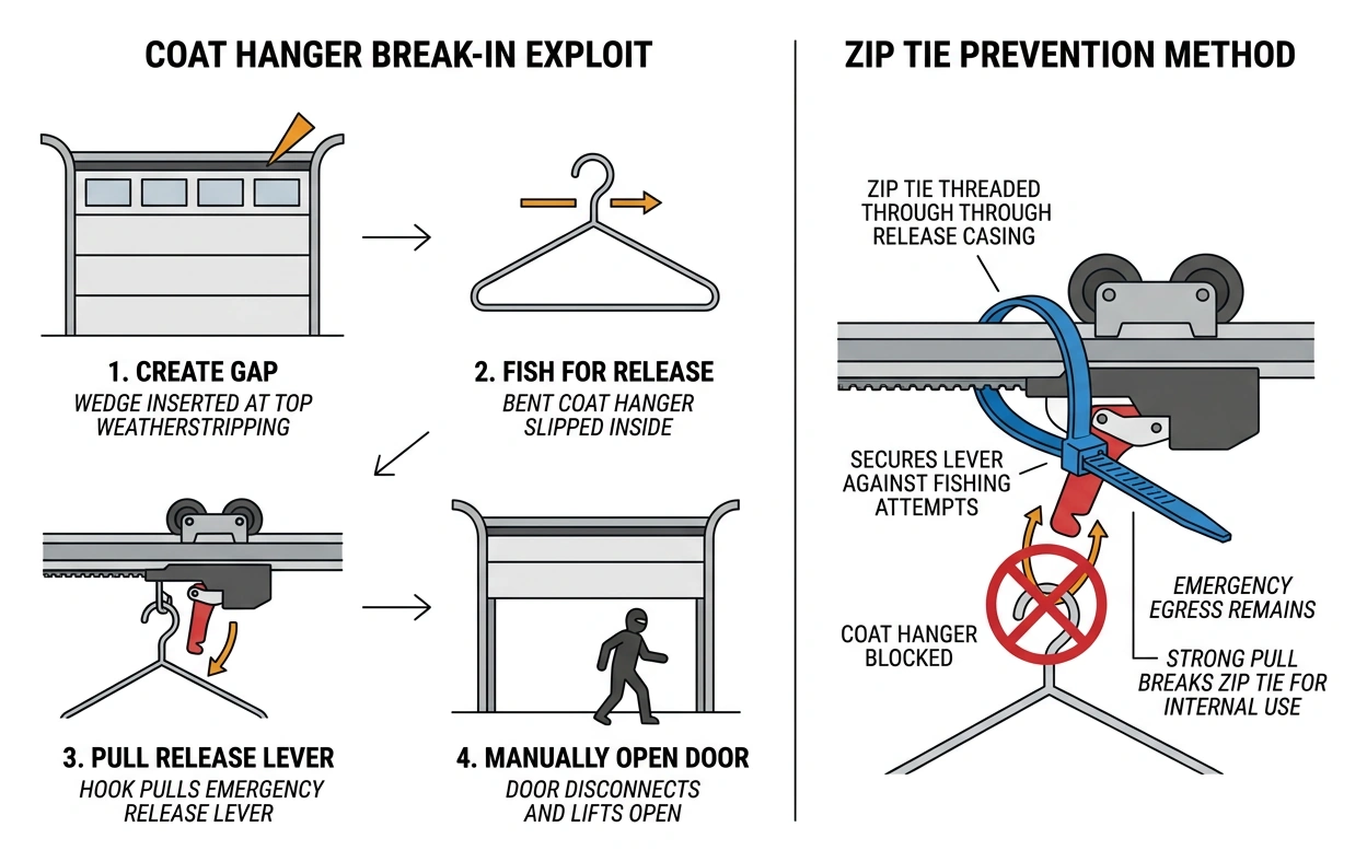 Step-by-step process of the coat hanger break-in exploit and how a zip tie blocks it Step-by-step process of the coat hanger break-in exploit and how a zip tie blocks it