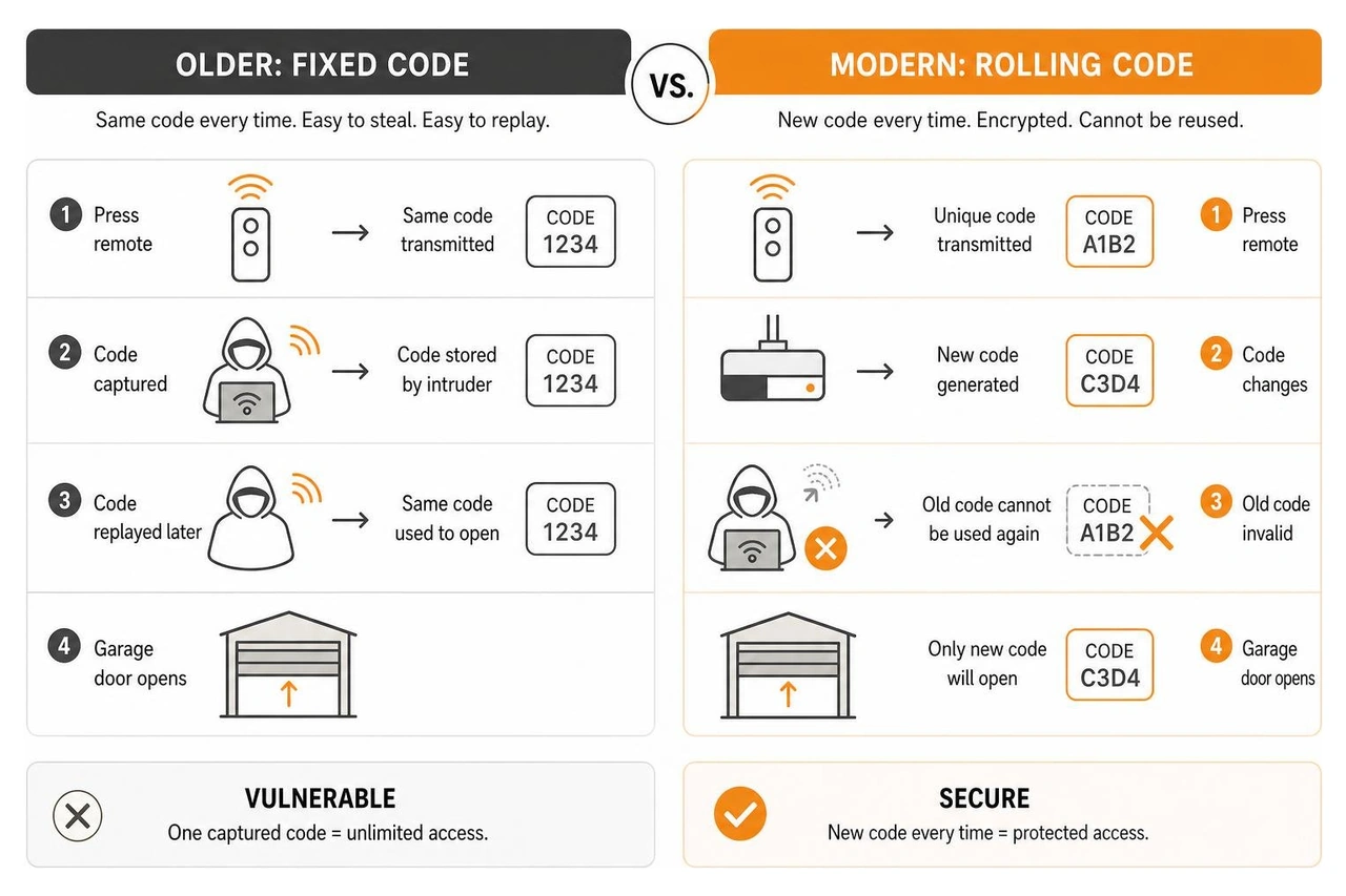 Comparison between older fixed code vulnerability and modern rolling code encryption Comparison between older fixed code vulnerability and modern rolling code encryption