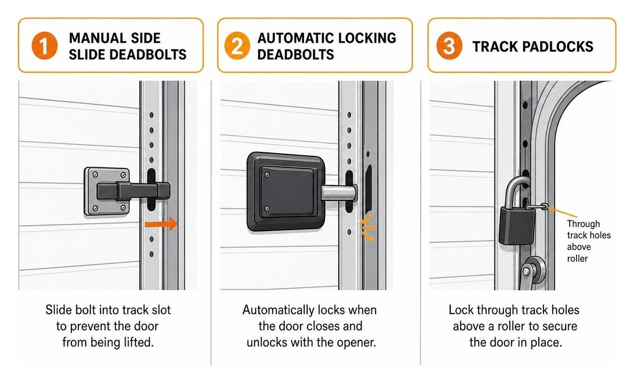 Overview of manual slide deadbolts, track padlocks, and automatic locking deadbolts Overview of manual slide deadbolts, track padlocks, and automatic locking deadbolts