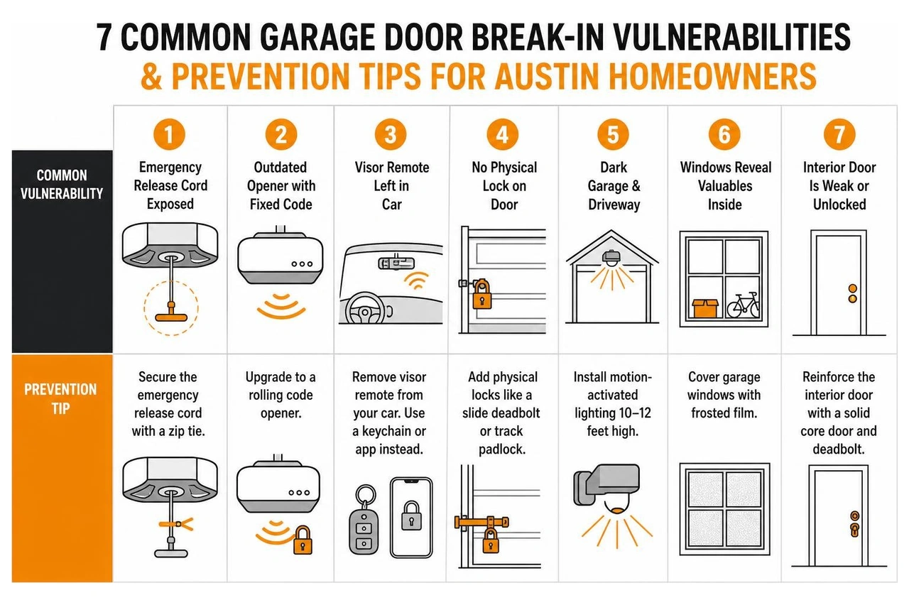 Infographic showing 7 common garage door break-in vulnerabilities and prevention tips for Austin homeowners Infographic showing 7 common garage door break-in vulnerabilities and prevention tips for Austin homeowners