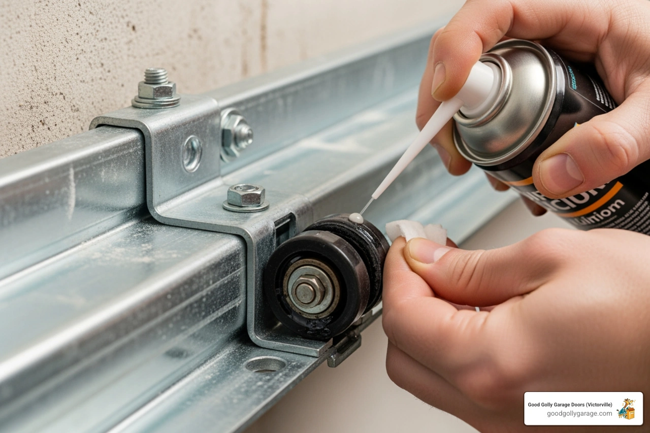 homeowner lubricating garage door rollers - Garage Door Installation in Victorville CA homeowner lubricating garage door rollers - Garage Door Installation in Victorville CA