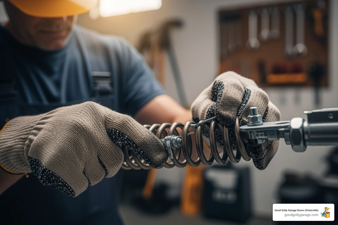 technician safely working on garage door springs - Garage Door Installation in Victorville CA technician safely working on garage door springs - Garage Door Installation in Victorville CA