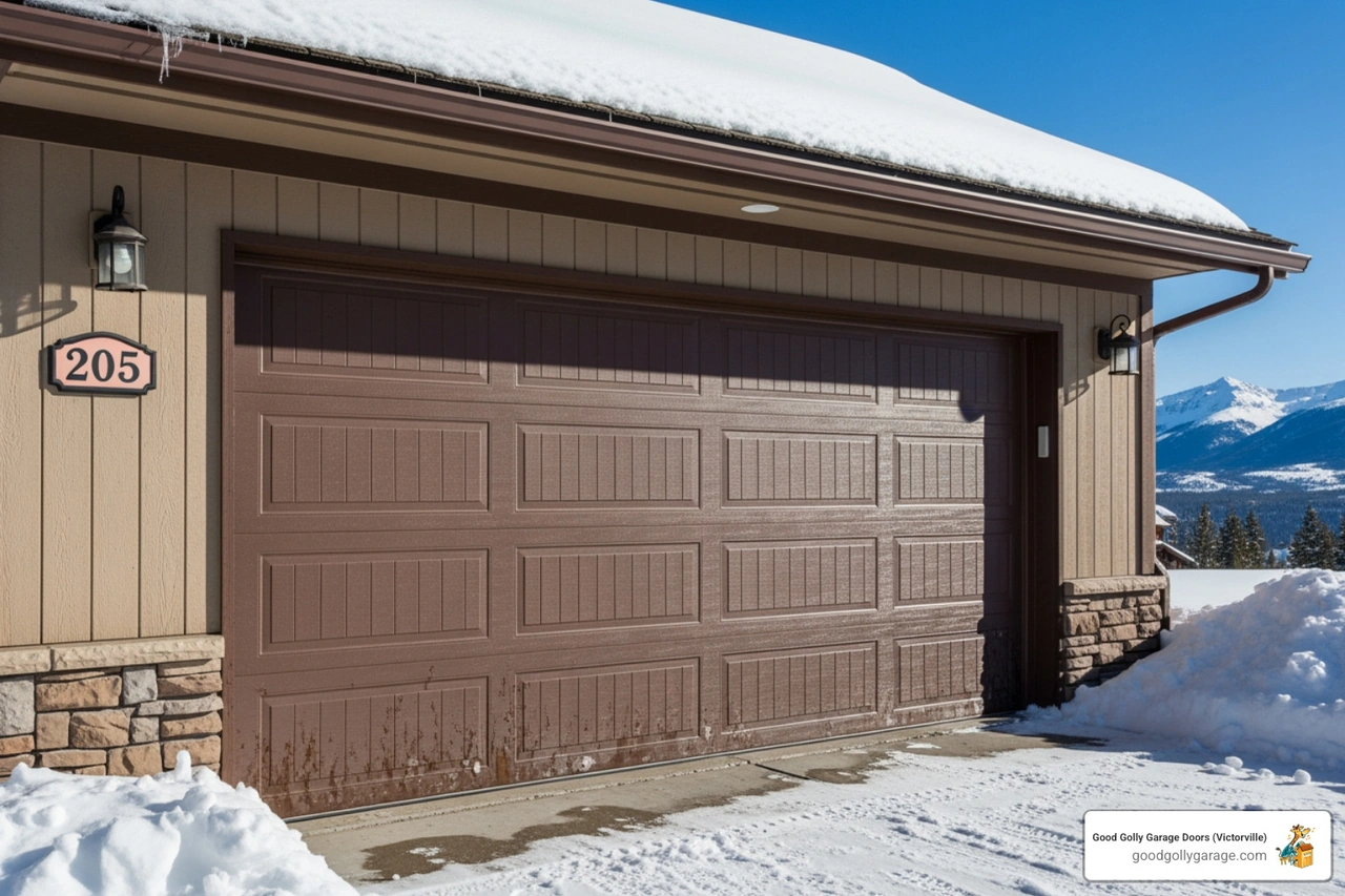 Infographic showing how Wrightwood's elevation, temperature swings, heavy snow, and intense sun exposure affect garage door springs, weather seals, opener motors, and panel materials, with maintenance recommendations for mountain climates - garage door installation in wrightwood ca Infographic showing how Wrightwood's elevation, temperature swings, heavy snow, and intense sun exposure affect garage door springs, weather seals, opener motors, and panel materials, with maintenance recommendations for mountain climates - garage door installation in wrightwood ca