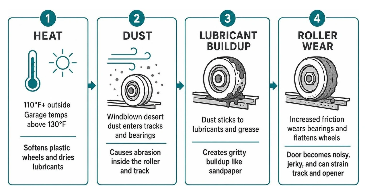 Infographic showing heat, dust, lubricant buildup, and roller wear