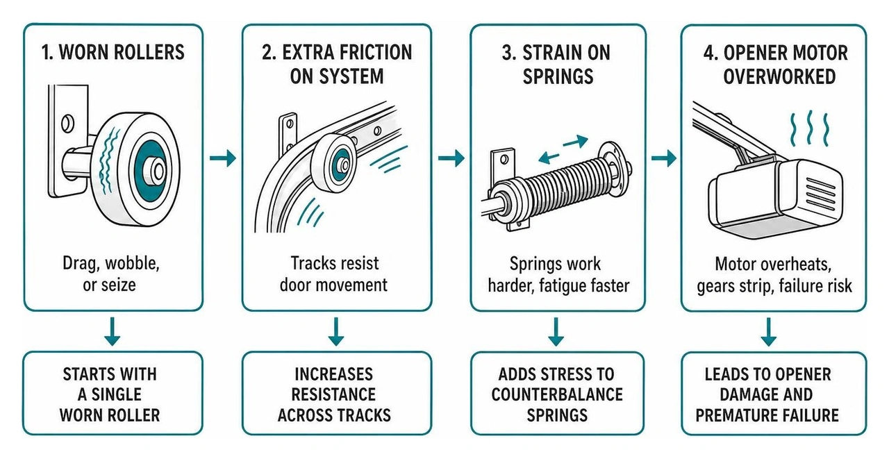 Strain cascade from worn rollers to springs and opener motor