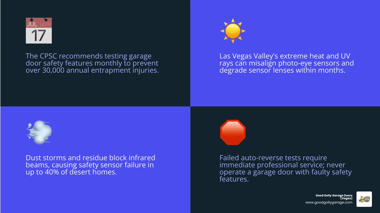 Monthly garage door safety testing schedule for Las Vegas homes infographic