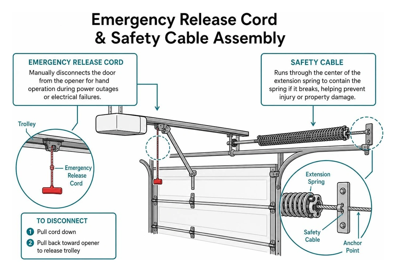 emergency release cord and safety cable assembly