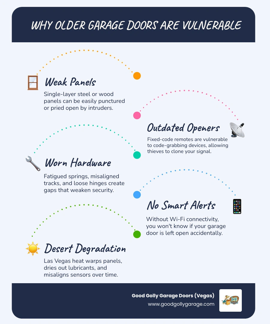 Older garage door risks versus modern security features infographic