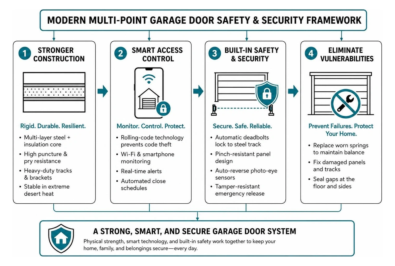 Modern multi-point garage door safety and security framework