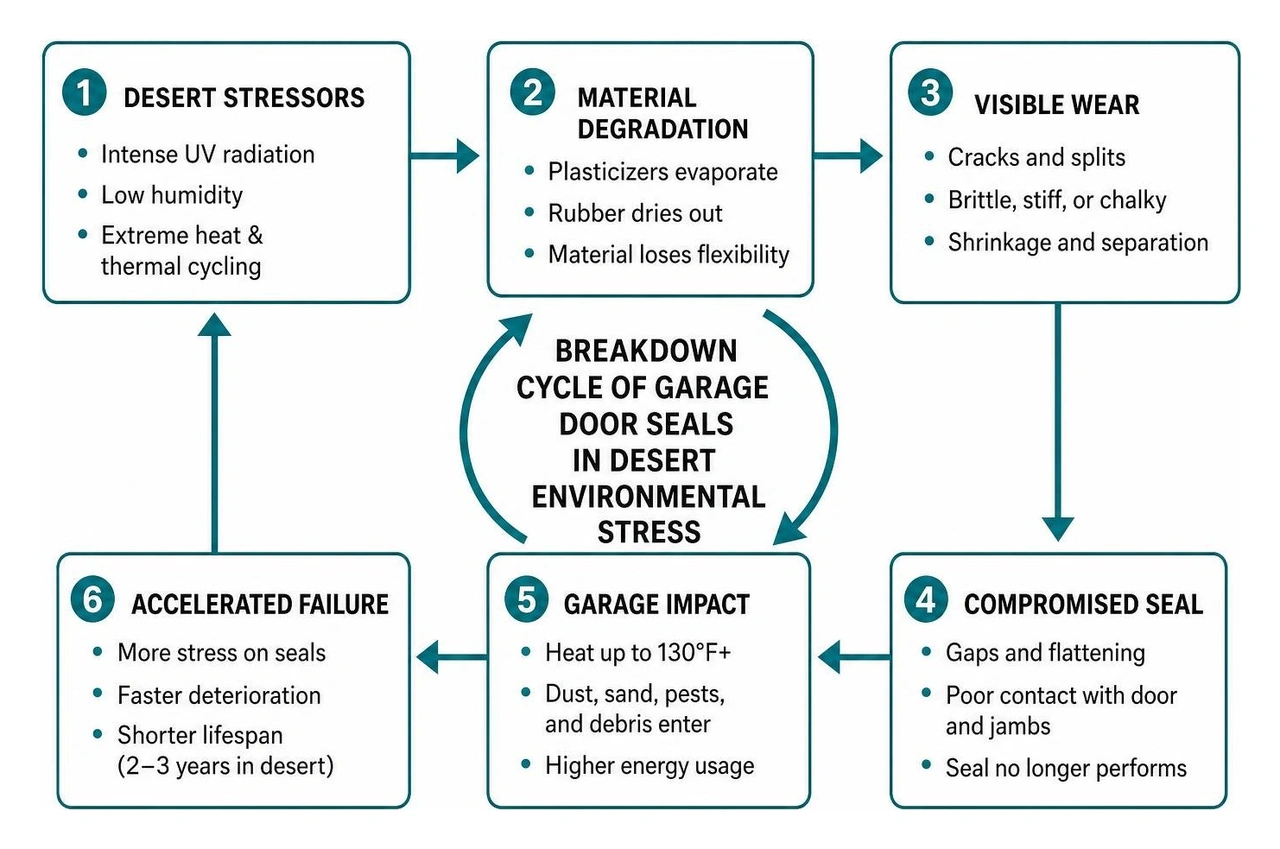 Breakdown cycle of garage door seals under desert environmental stress Breakdown cycle of garage door seals under desert environmental stress