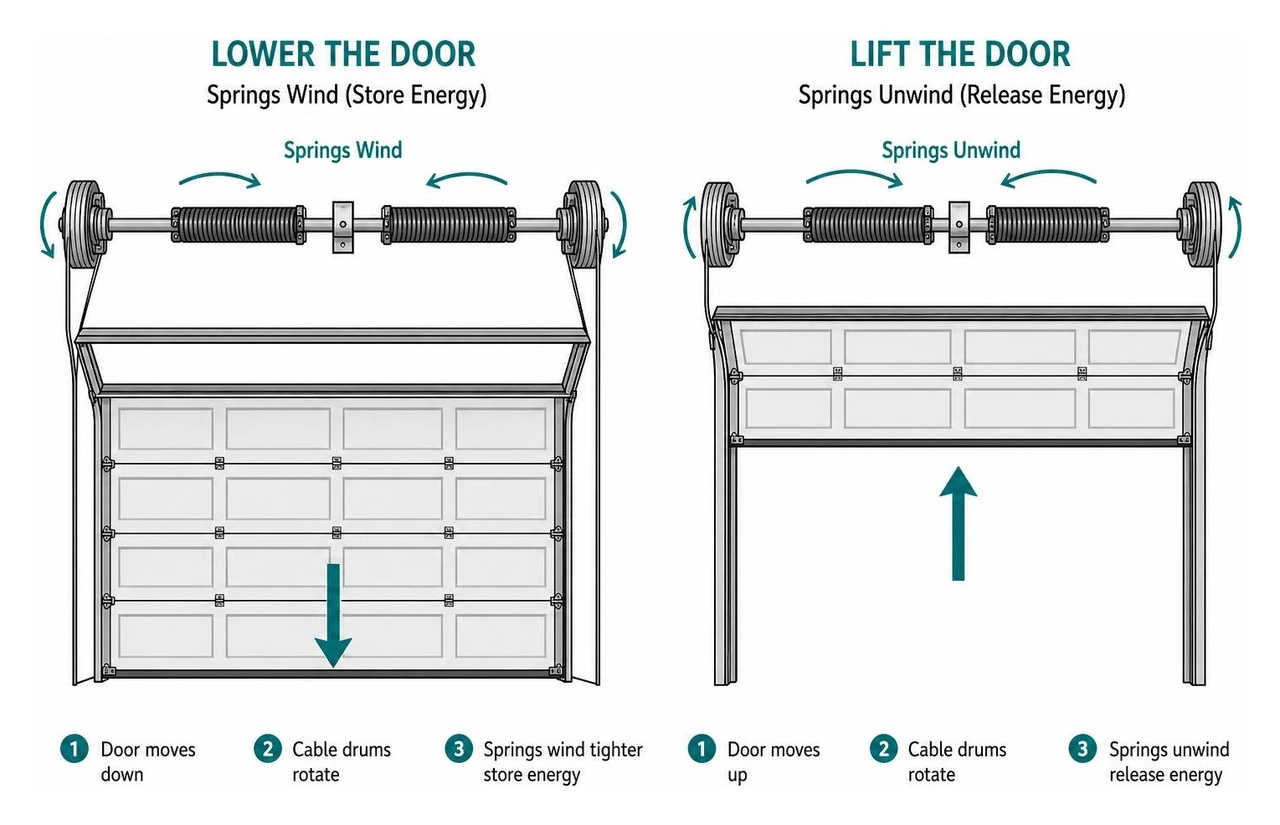 Infographic showing torsion springs winding to lower and unwinding to lift a garage door Infographic showing torsion springs winding to lower and unwinding to lift a garage door