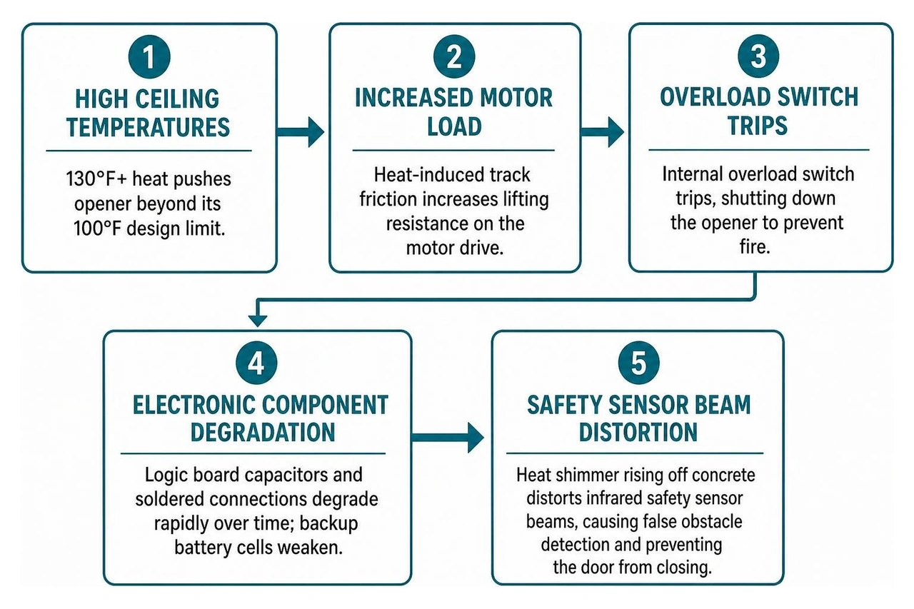Progression of heat-related garage door opener electronic failures Progression of heat-related garage door opener electronic failures