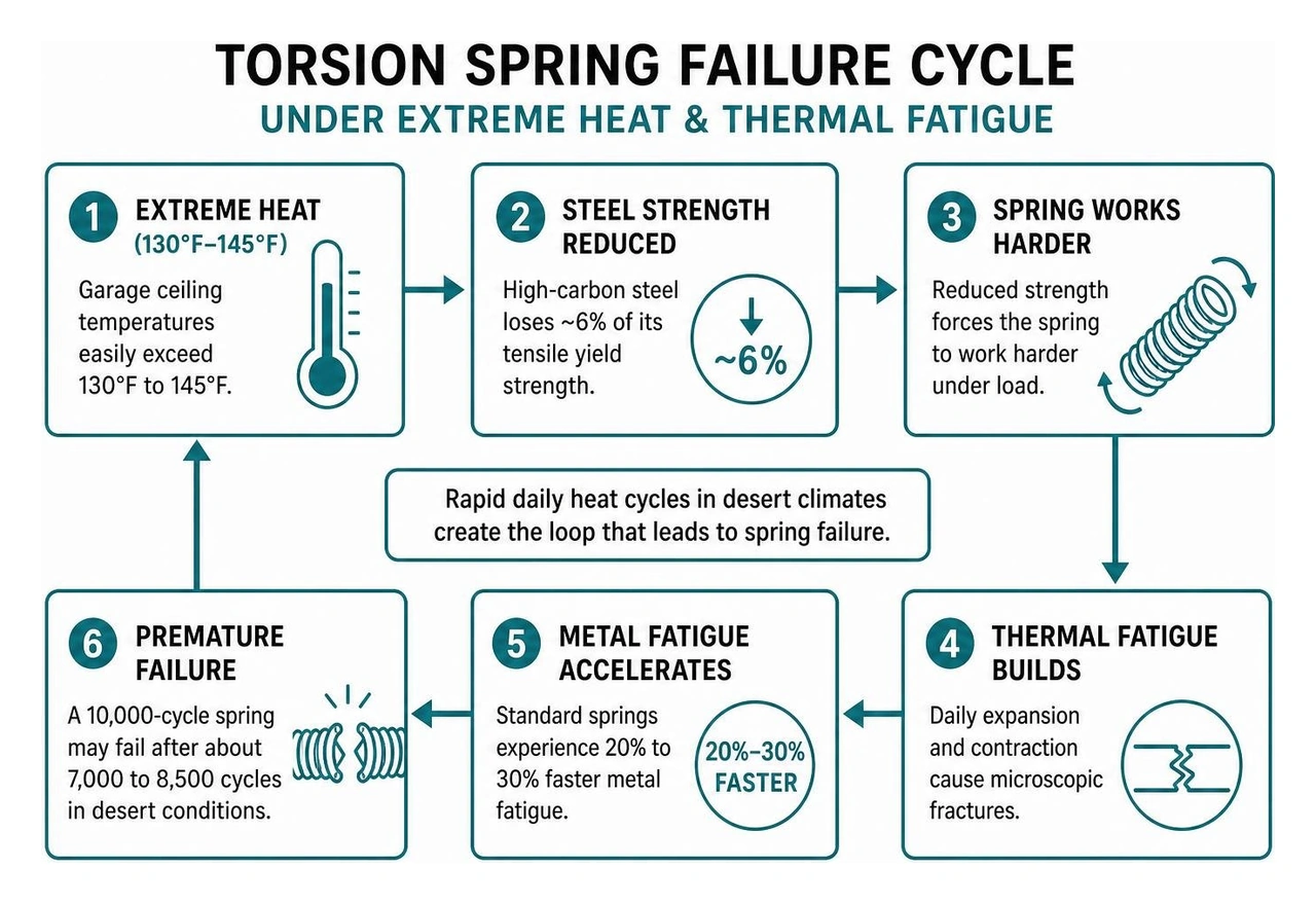 Torsion spring failure cycle under extreme heat and thermal fatigue Torsion spring failure cycle under extreme heat and thermal fatigue