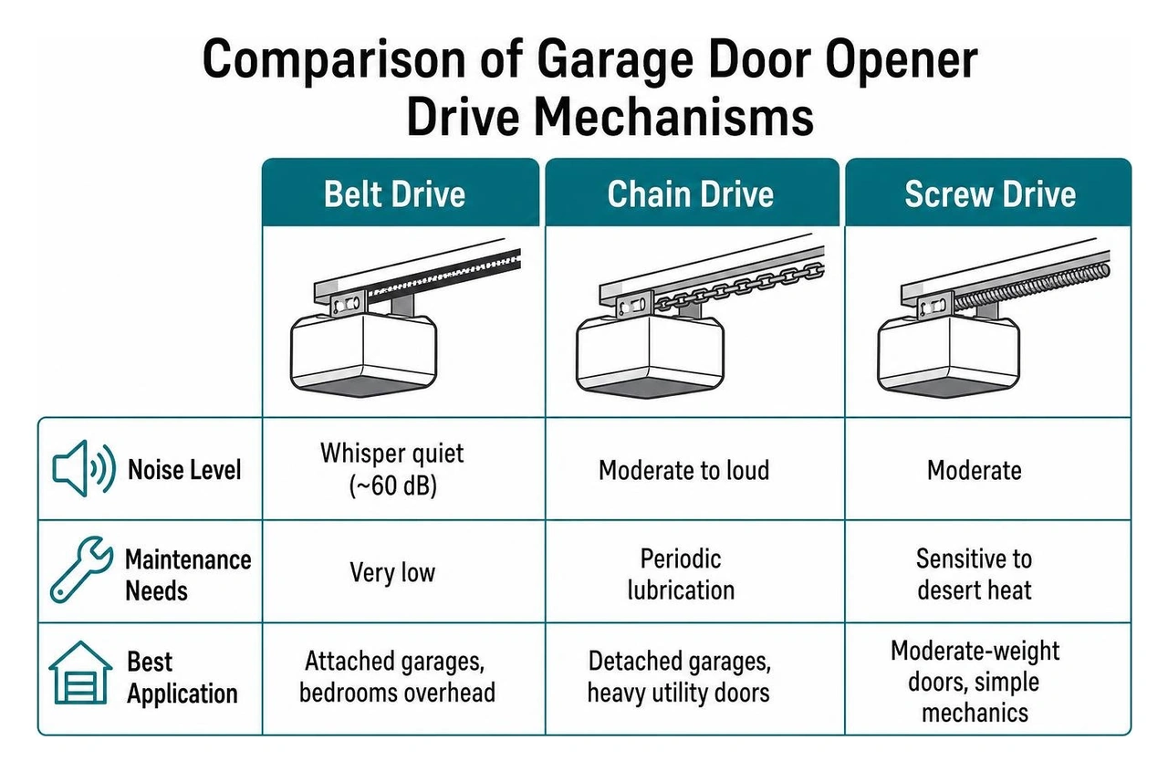 Comparison of garage door opener drive mechanisms