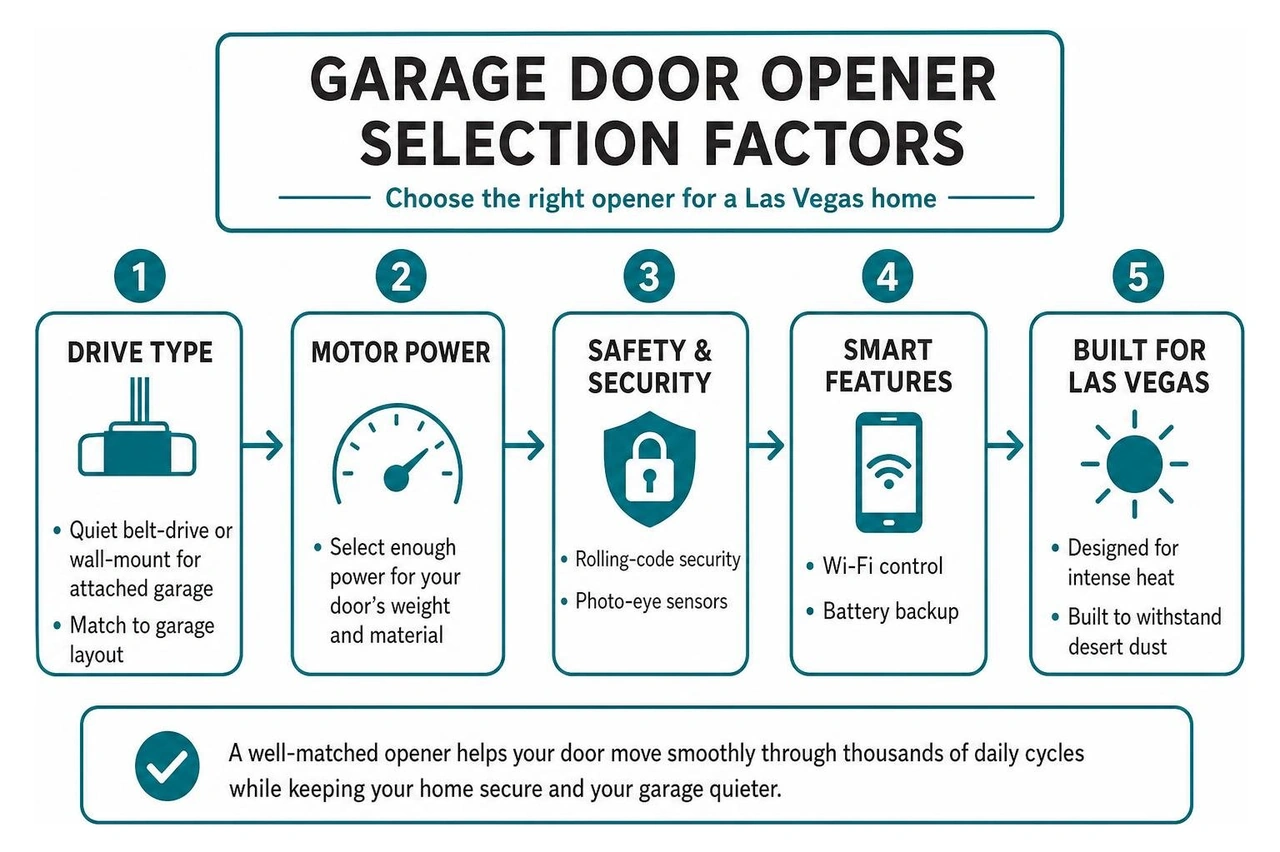 Garage door opener selection factors infographic