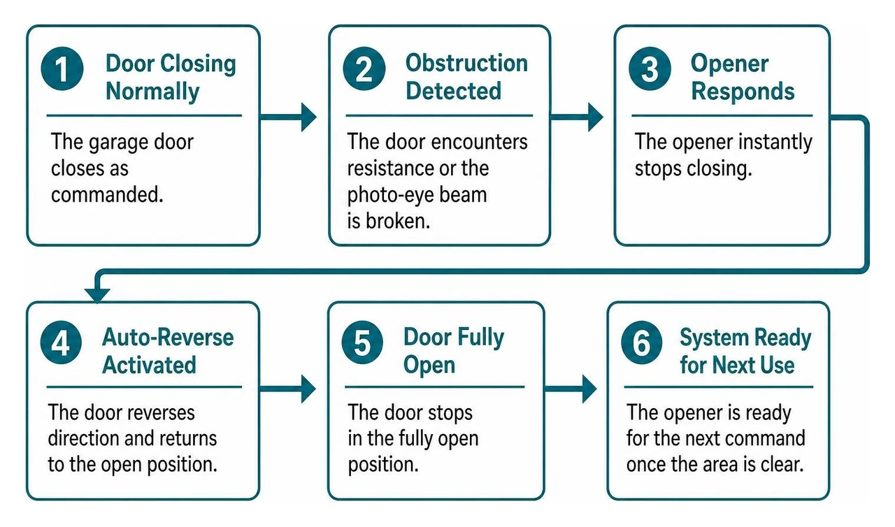 Garage door opener safety response sequence