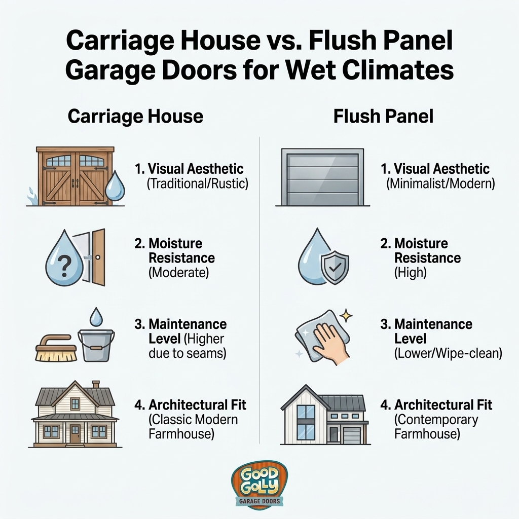Carriage House vs. Flush Panel Garage Doors for Wet Climates