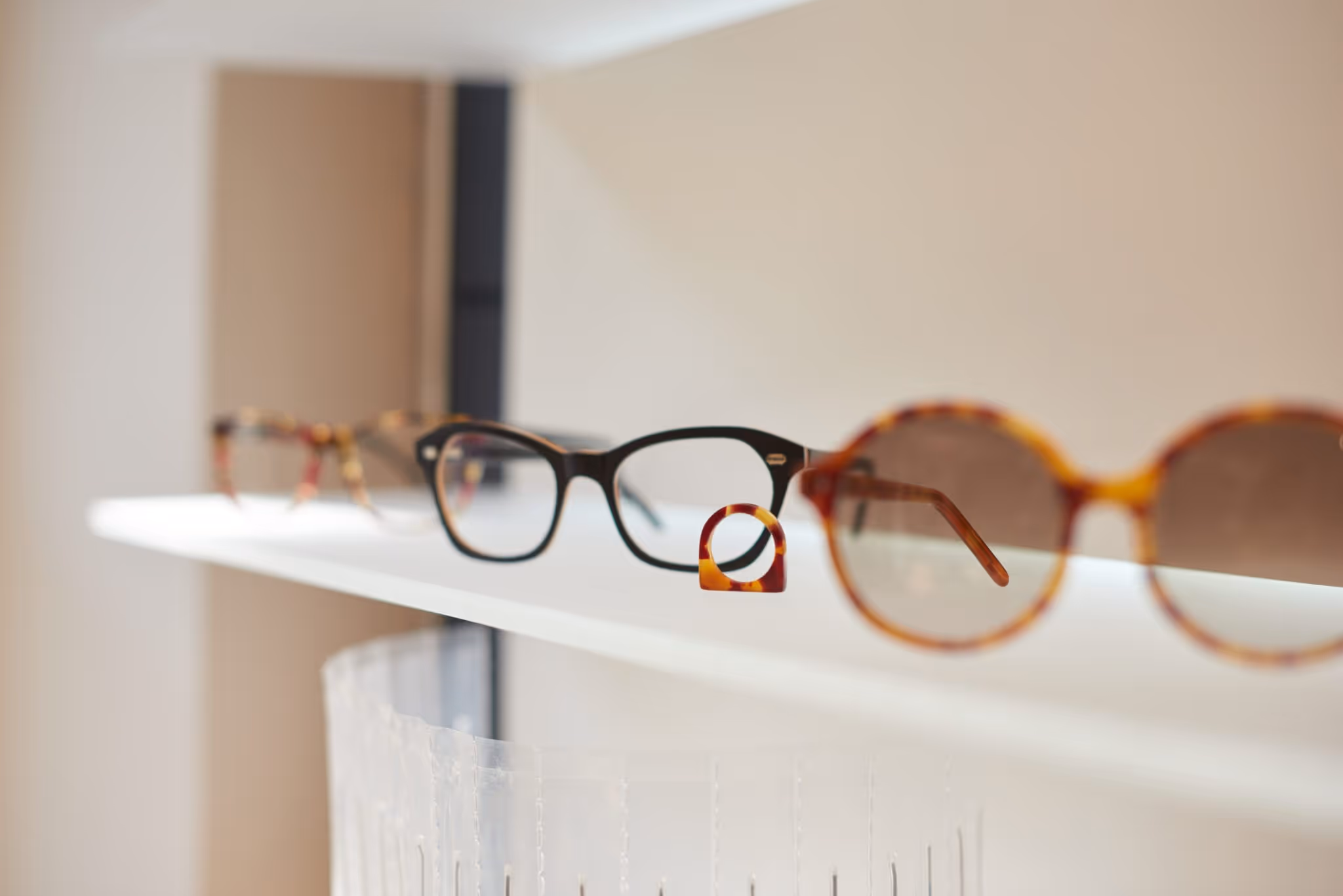Mehrere Brillen und ein Ring aus Brillenmaterial auf einem Regal.