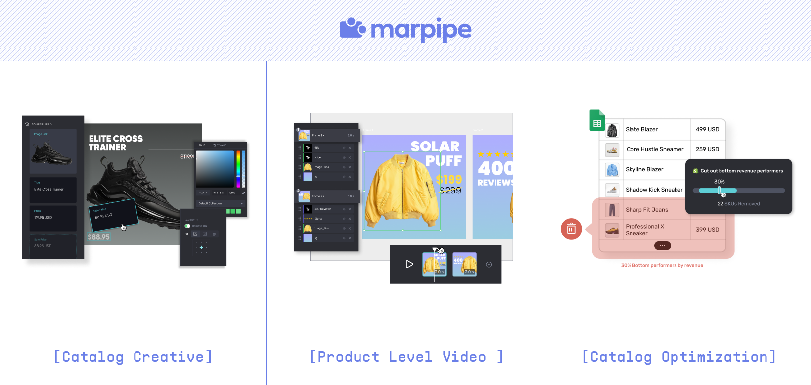 An overview of Marpipe’s core capabilities: catalog creative, product-level video, catalog optimization and more