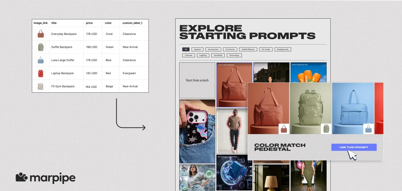 Marpipe allows brands to turn product data from their feed into AI powered structured variations automatically