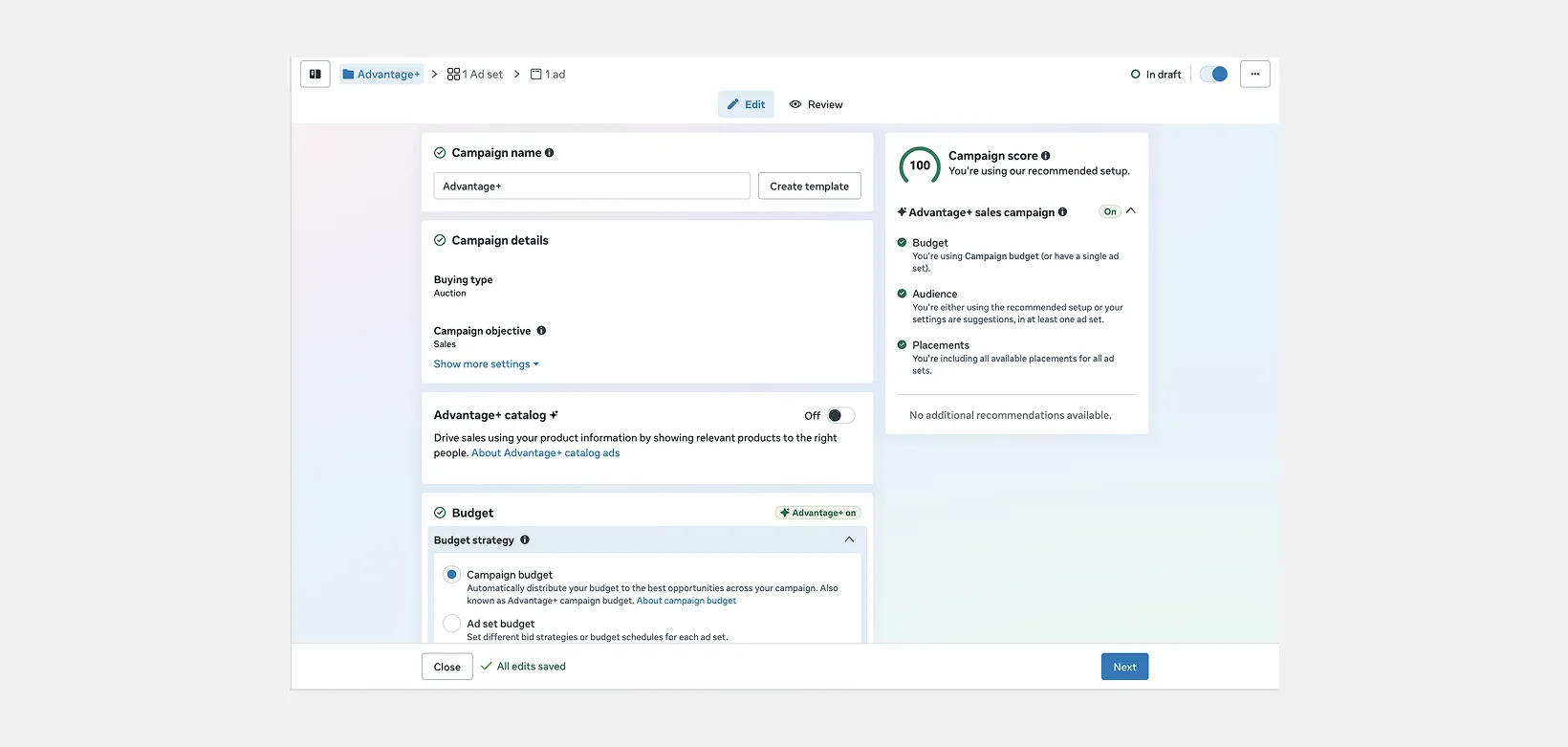 An example of a Meta Advantage+ sales campaign