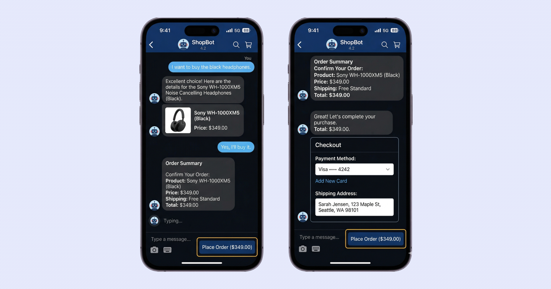 Customer purchasing product through chatbot conversation in messaging app with in-chat checkout