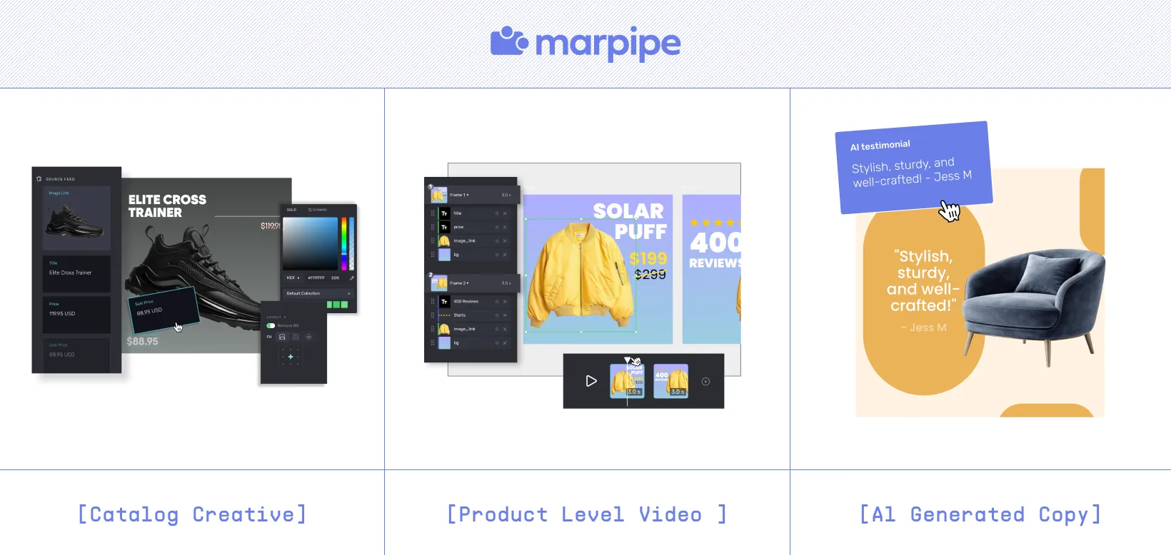 An overview of Marpipe’s core capabilities: catalog creative, product-level video, AI-generated copy and more