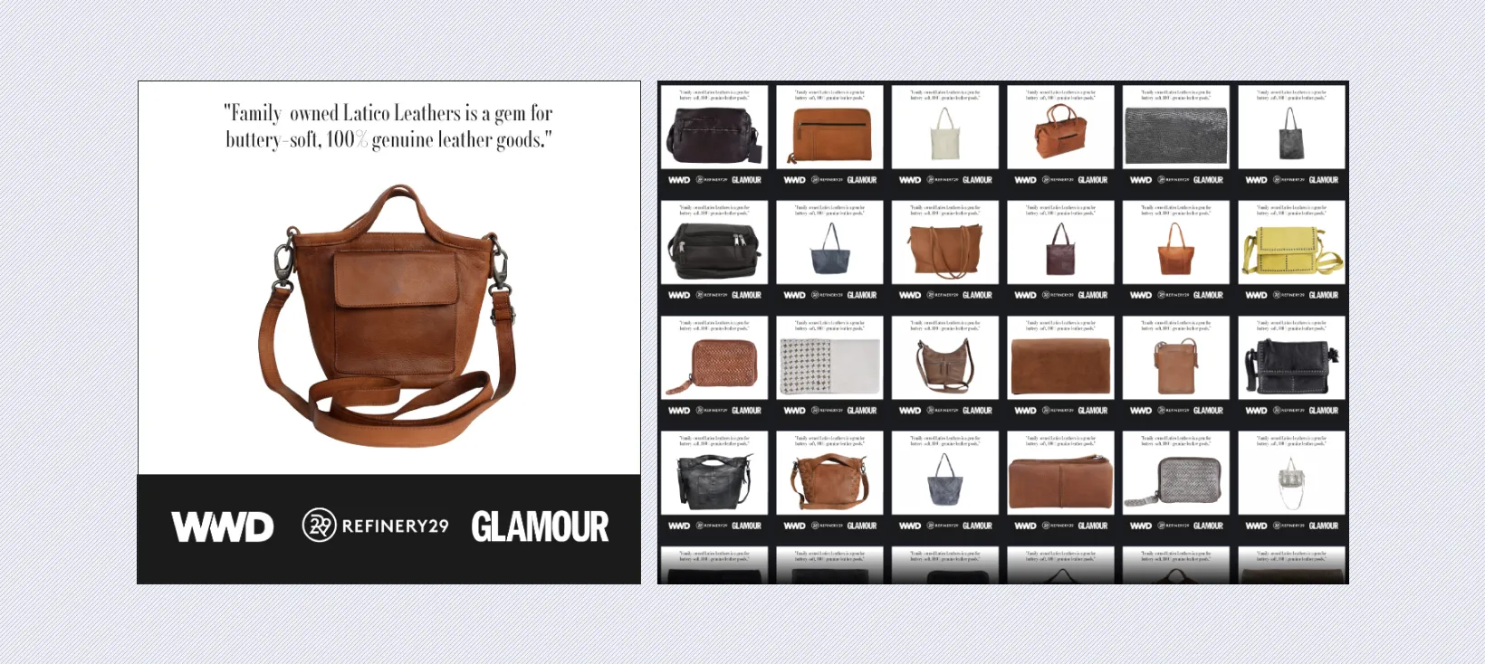 An example of Meta ads designed for Latico using Marpipe’s dynamic ad builder