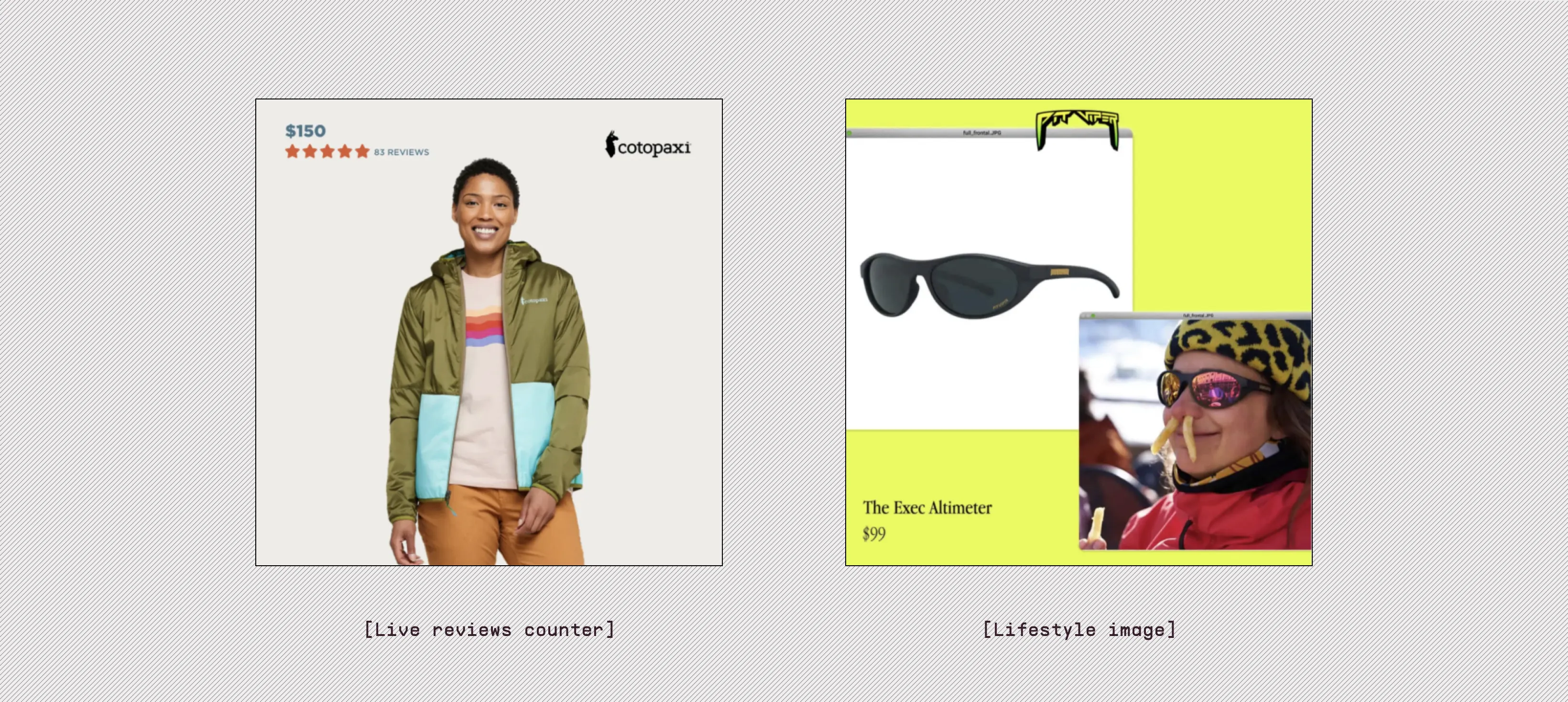You can include lifestyle imagery or social proof in your catalog images through Marpipe