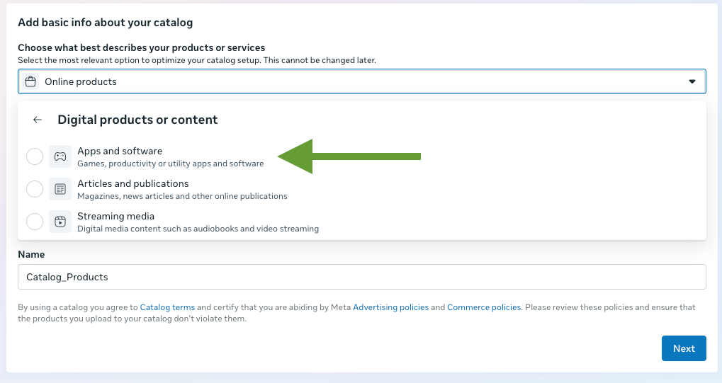 Gaming and betting catalog uses Meta's Apps and software catalog type