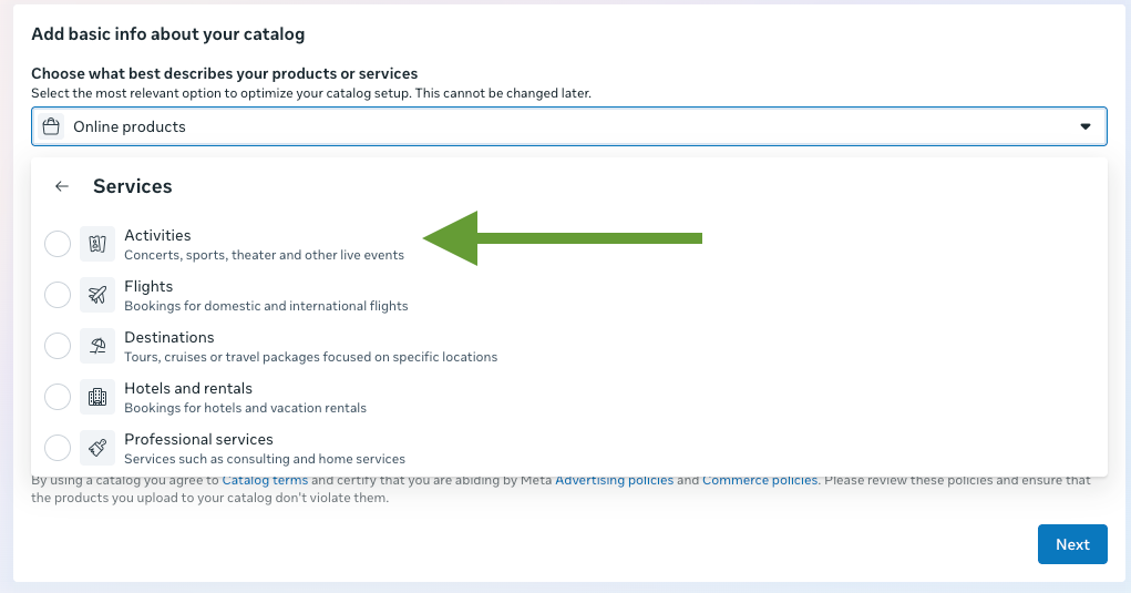 Tickets and live events use Meta's Activities catalog type