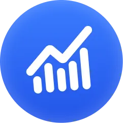 White rising bar graph icon with upward line on a blue circular background.