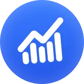 White graph icon with ascending bars and line on blue circular background.