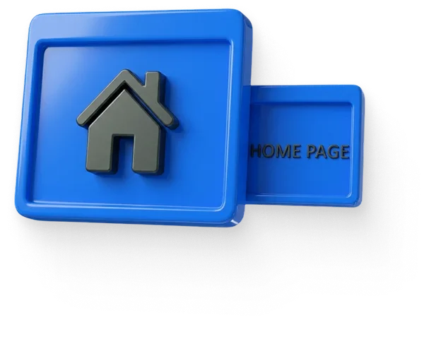 Blue 3D button with a black home icon and a slider showing the text 'HOME PAGE'.