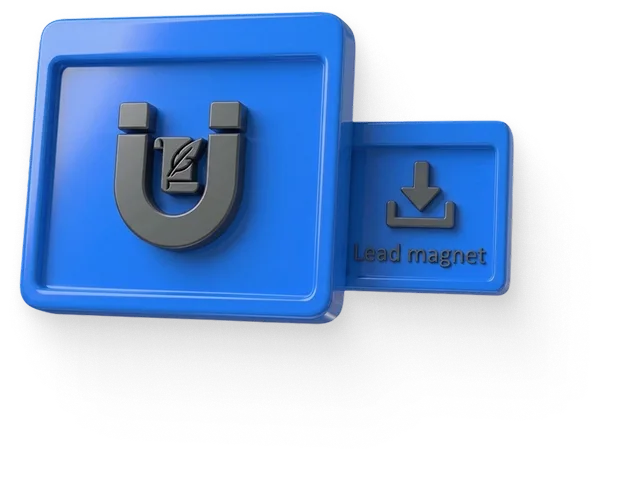 Blue 3D icon with a magnet symbol and a smaller panel showing a download arrow labeled Lead magnet.