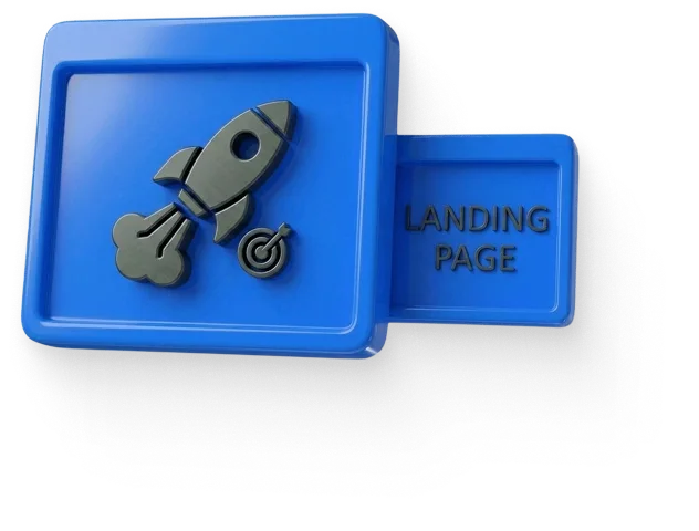 Blue rectangular block with a rocket and target icon and text reading 'LANDING PAGE' on a pull-out tab.