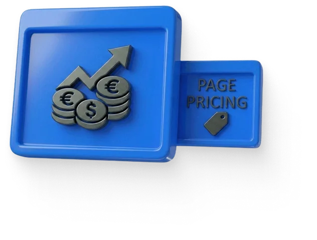 Blue 3D icon with rising arrow over coins showing dollar and euro symbols and text 'PAGE PRICING'.