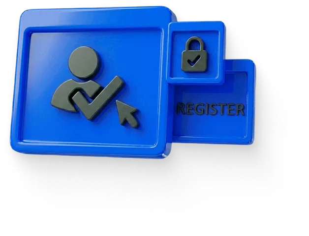 Blue register button with person icon, checkmark, cursor, and a locked padlock symbol.