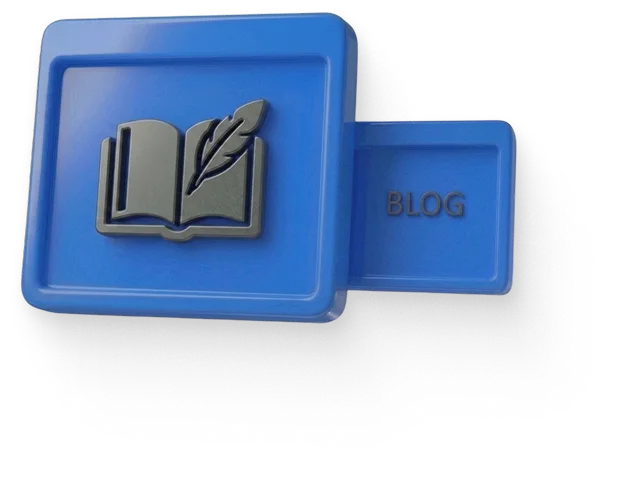 Blue 3D blog icon with an open book and quill pen symbol on a square button.