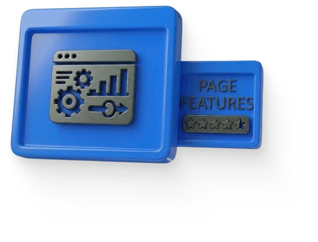 Blue 3D icon with website analytics gears and bar chart, labeled 'Page Features' with star rating.
