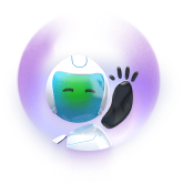 Blue and purple glowing humanoid robot face with one hand raised as if waving.