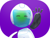 Friendly white robot with a blue face mask waving on a purple background.